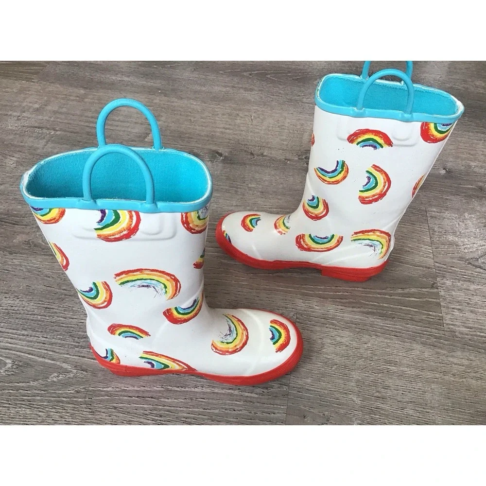 L.L. Bean Girls Youth Rainbow Non-Slip Rain Boots Size 13 Red White Multicolor